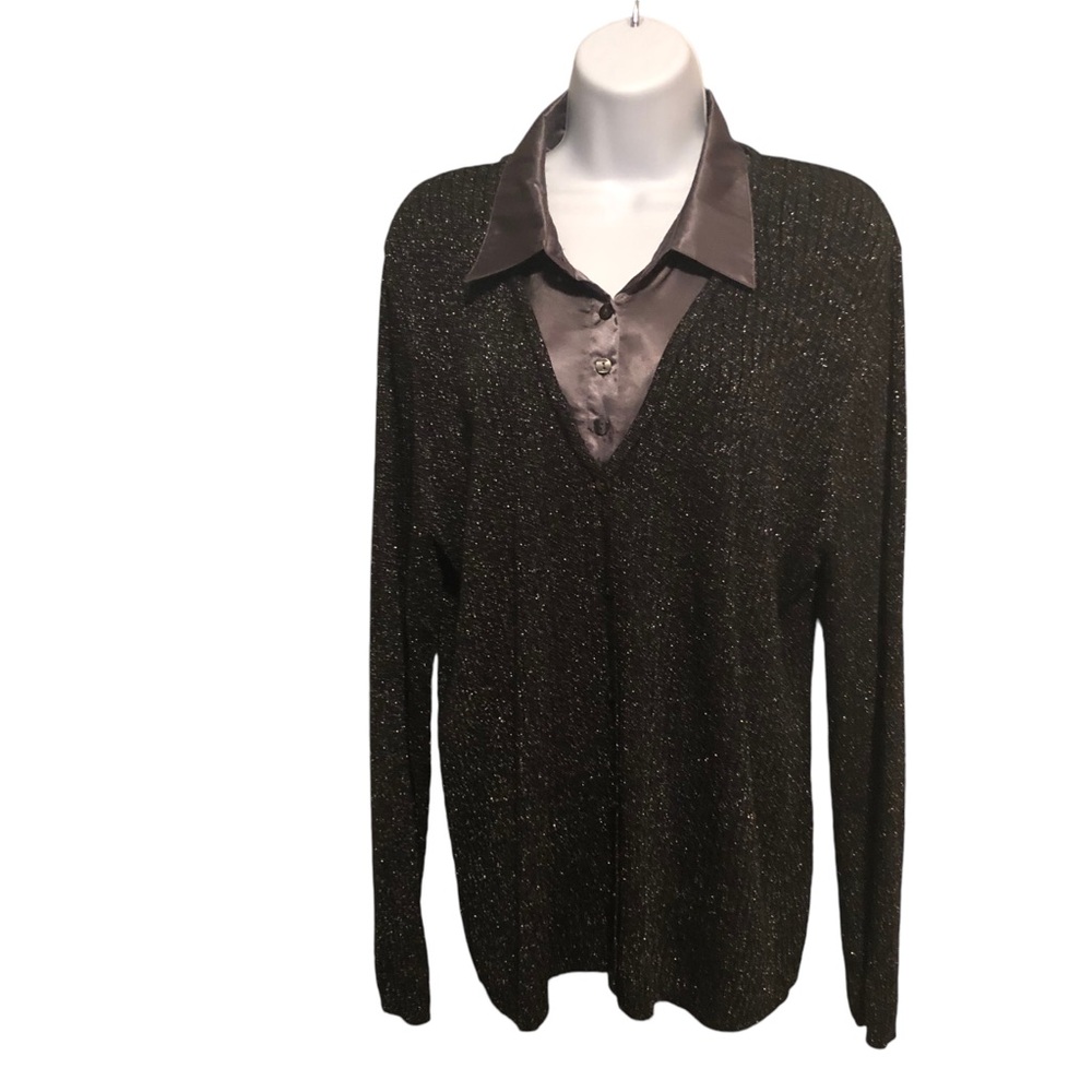 JM COLLECTION Women’s Gray Satin Mock‎ Collar, Dark Gray Shimmer Sweater Size XL
